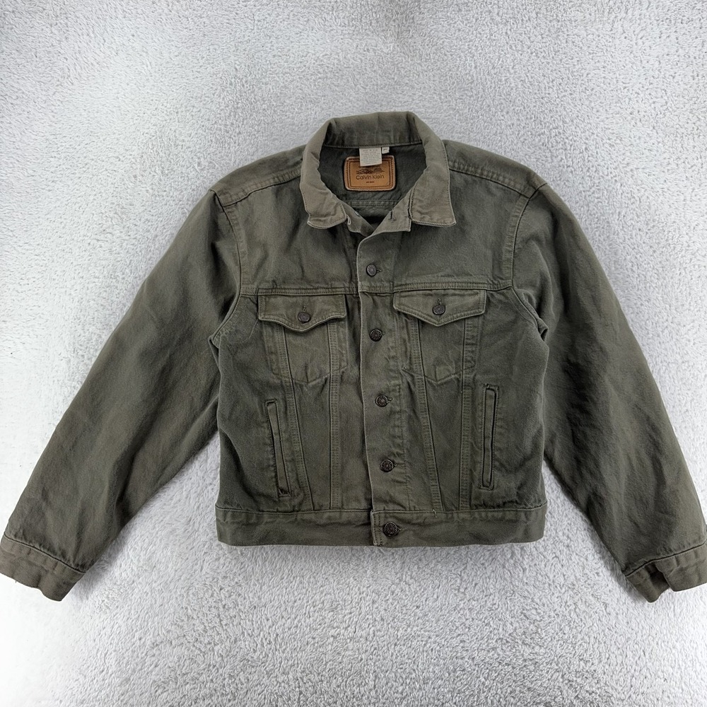 Vintage 90s Calvin Klein Green Denim Trucker Jacket Womens L cropped‎ USA